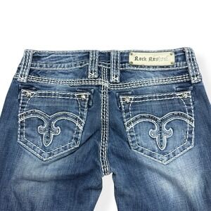 Rock Revival Alanis Women's Blue Denim Boot Cut Jeans Size 28 Embellished Patch